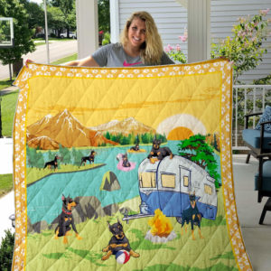Doberman Go Camping By The River Quilt Blanket Great Customized Blanket Gifts For Birthday Christmas Thanksgiving