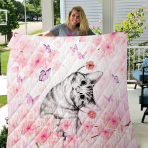 Cat Butterfly Flower Pink Quilt Blanket Great Customized Gifts For Birthday Christmas Thanksgiving Perfect Gifts For Cat Lover