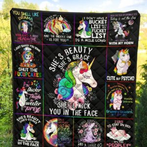 Unicorn She's Beauty She's Grace She'll Kick You In The Face Quilt Blanket Great Customized Blanket Gifts For Birthday Christmas Thanksgiving