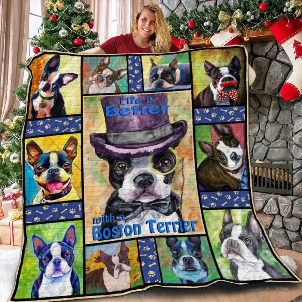 Life Is Better With Boston Terrier Quilt Blanket Great Customized Blanket Gifts For Birthday Christmas Thanksgiving
