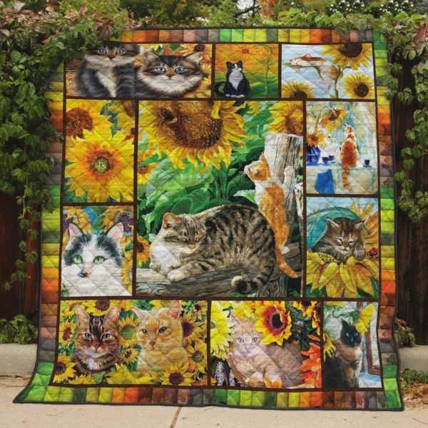 Cute Cats In The Sunflower Field Quilt Blanket Great Customized Blanket Gifts For Birthday Christmas Thanksgiving