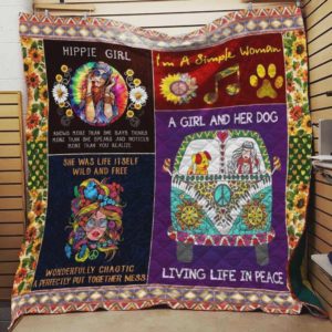 Hippie Girl And Her Dog Living Life In Peace Quilt Blanket Great Customized Blanket Gifts For Birthday Christmas Thanksgiving