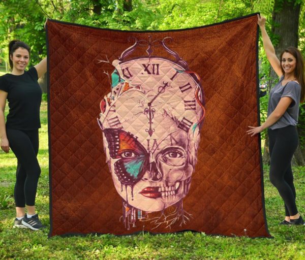 Butterfly Time Clock Skull Quilt Blanket Great Customized Blanket Gifts For Birthday Christmas Thanksgiving