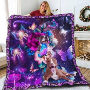 Pitbull Magical Butterfly Flower Purple Happy Pitbull Playing Quilt Blanket Great Customized Blanket Gifts For Birthday Christmas Thanksgiving